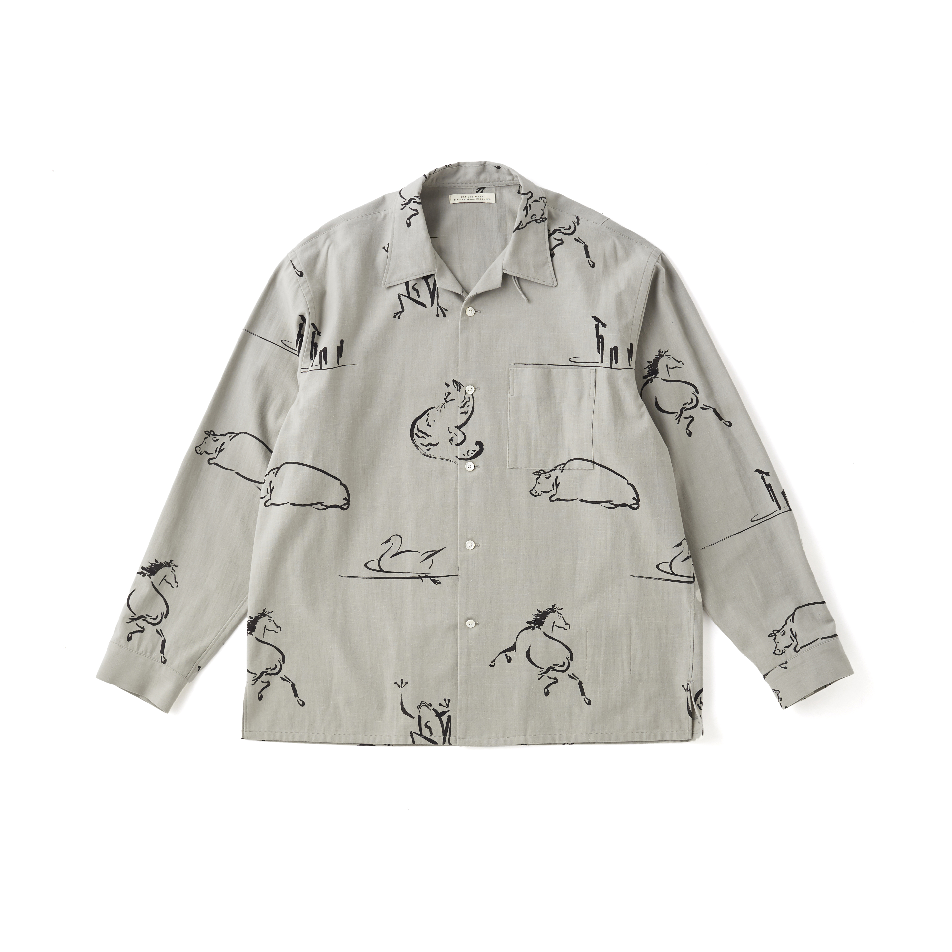 ORIGINAL PRINTED OPEN COLLAR SHIRTS (Animal Drawing) Long-sleeve